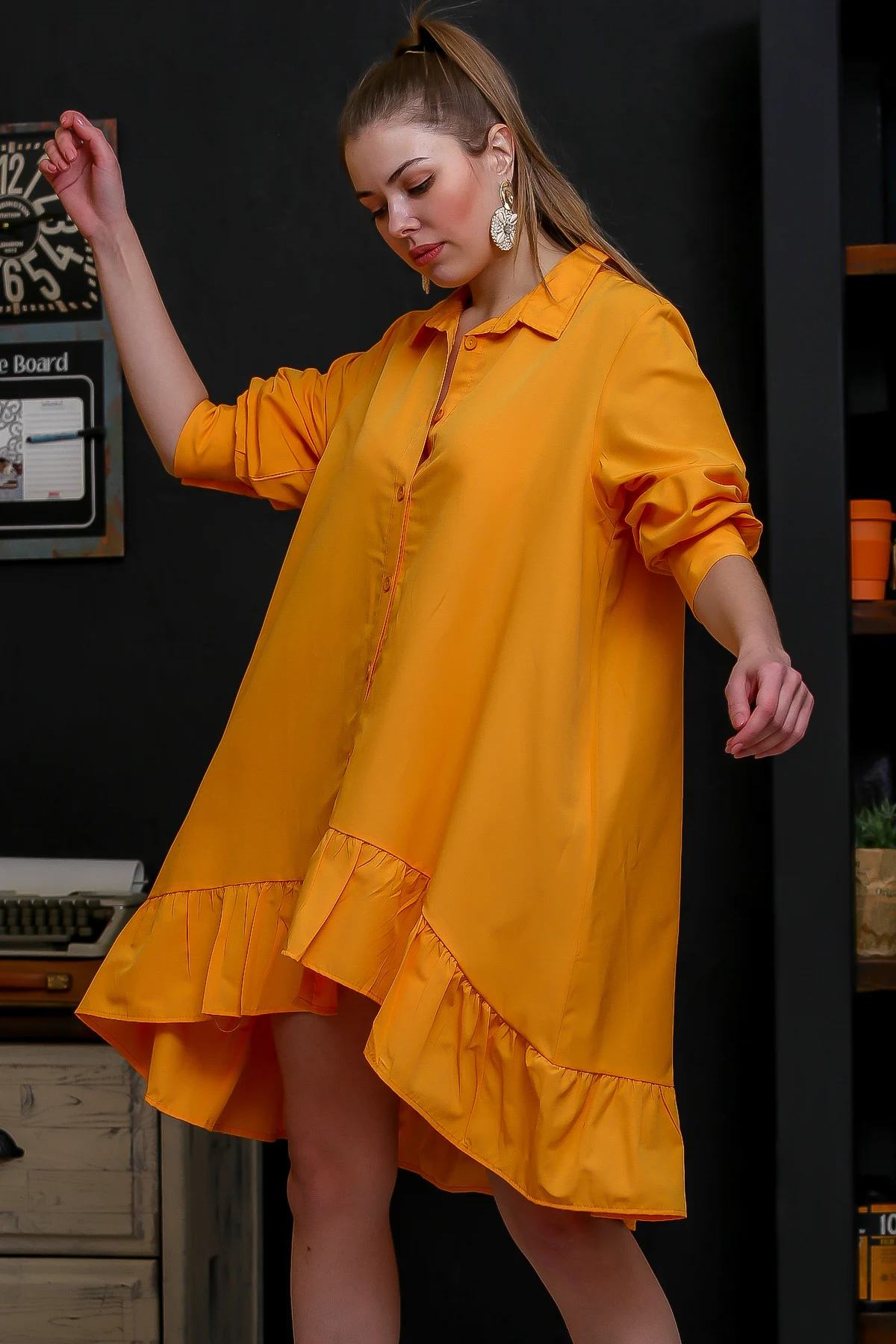 Женский горчичный юбка наконечник с оборками в форме колпака подробный Кнопка