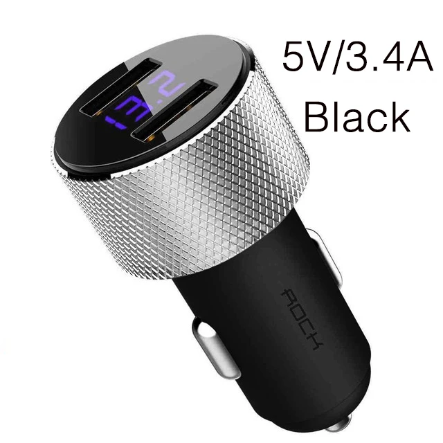 Metal Black 3.4A ROCK универсальное металлическое автомобильное зарядное устройство с двумя usb-портами и цифровым дисплеем для iPhone X 8 XS Xiaomi samsung Mini 5V 3.4A Автомобильная Быстрая зарядка - Тип штекера: Metal Black 3.4A
