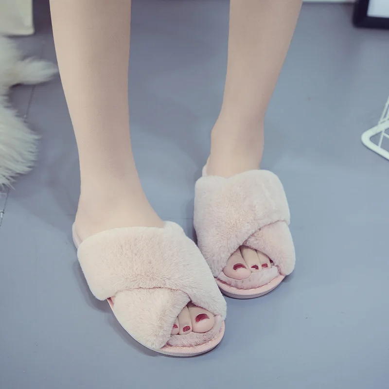 

Winter Women House Furry Slippers Fluffy Faux Fur Warm Shoes Women Slip on Flats Female Home Slides Pink Soft Plush Slippers
