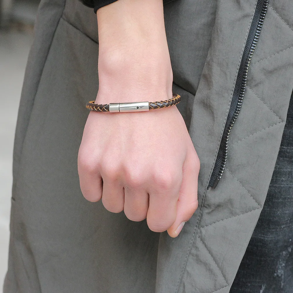 

UOTOP 2020 New Black Red White Braided Genuine Leather Rope Bracelet Female Stainless Steel Magnetic Clasps Bracelets Women Men