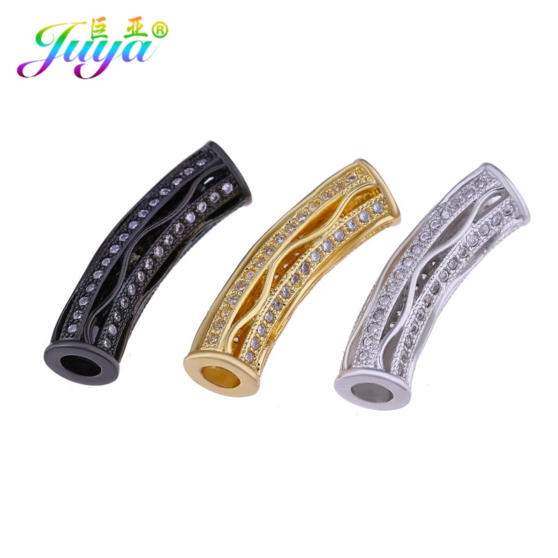 Juya DIY золотые/серебряные/розовые золотые разделительные бусины, поставки, микро проложенные циркониевые изогнутые трубчатые бусины для изготовления ювелирных изделий из натурального камня и жемчуга