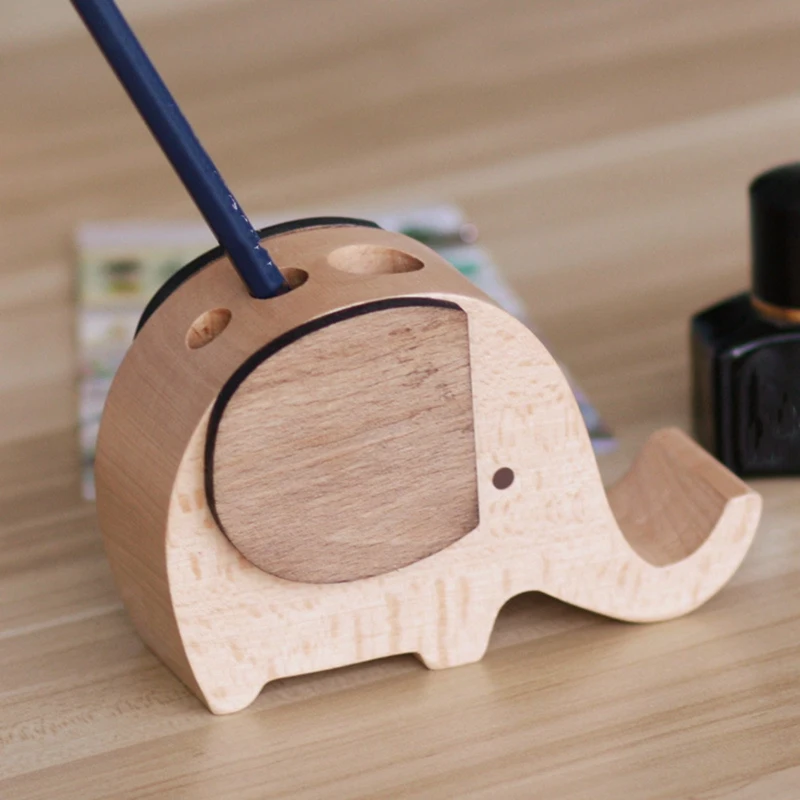 

Desktop Solid Wood Elephant Pen Holder Mobile Phone Holder Natural Wood Desktop Decoration Storage and Organization