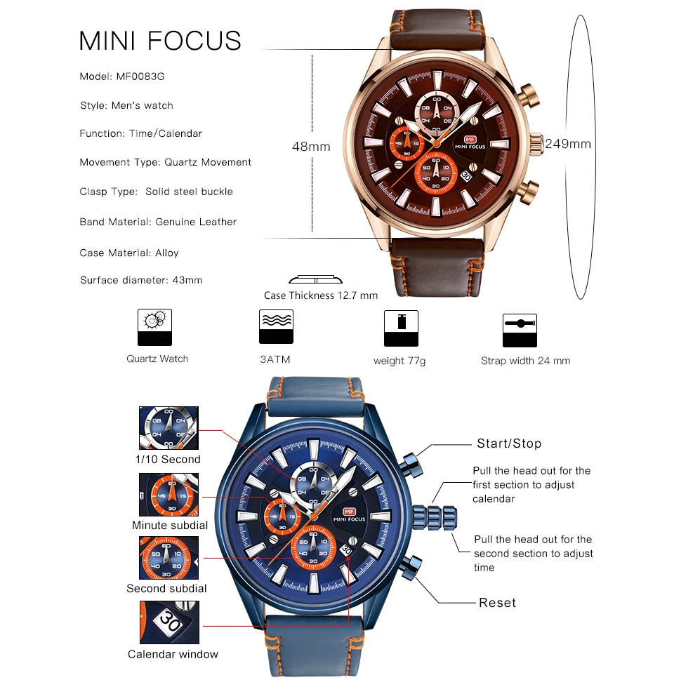 Мужские кварцевые часы-хронограф MINI FOCUS коричневые многофункциональные часы с 3