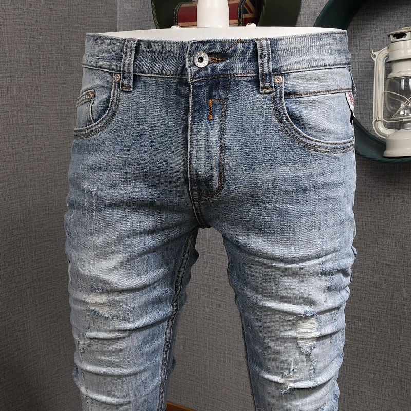 Fashion Ripped Light Blue Jeans Men Summer Streetwear Casual Cotton Slim Fit Stretch Denim Pants