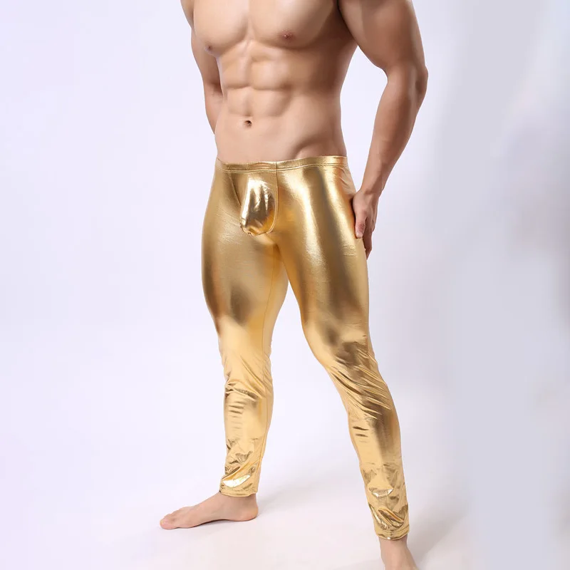 Мужская лакированная кожа выпуклость мешок длинные брюки нижнее белье одежда