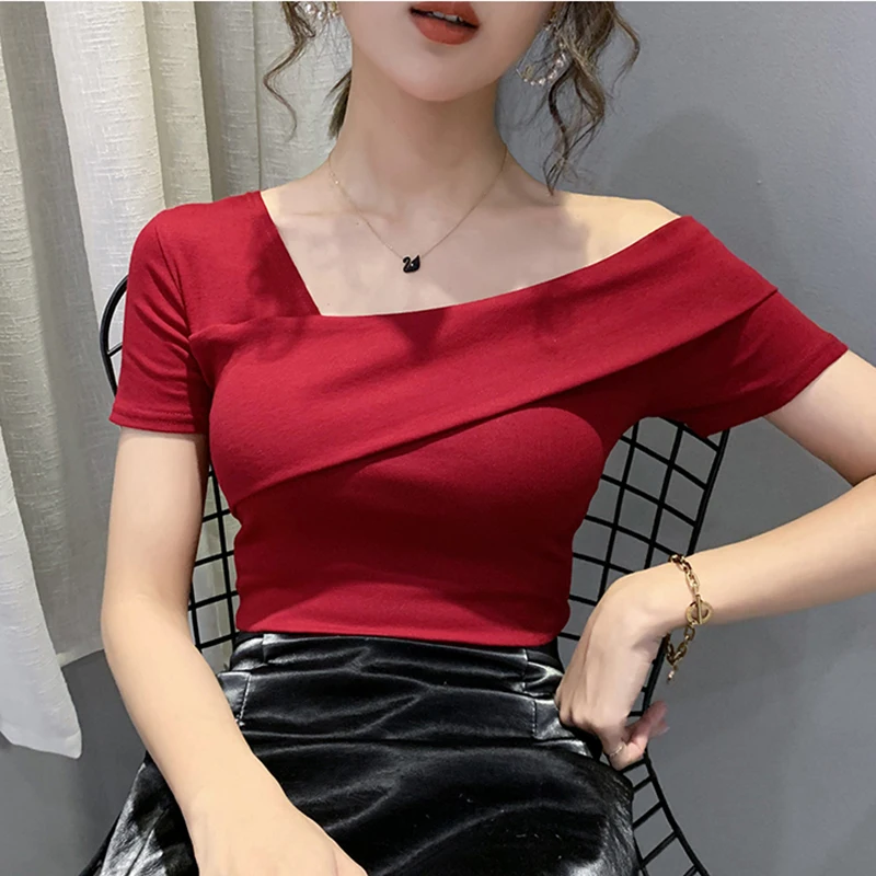 

Новинка, футболка с вырезом лодочкой, Женский Топ с открытыми плечами, хлопковая футболка, Женская эластичная футболка, повседневные женски...