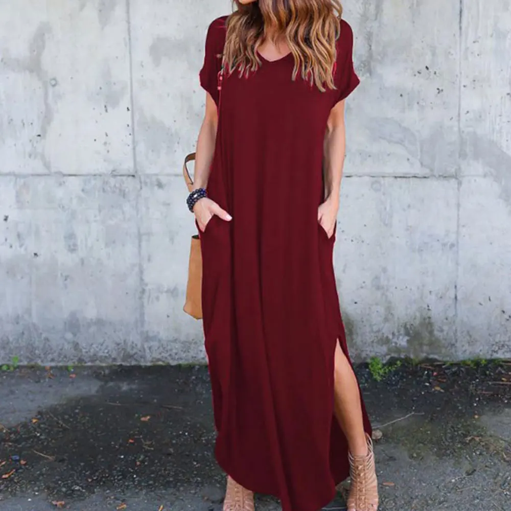 

Long Dress Women Vintage Short Sleeve Solid Maxi Dresses Casual Shirt Loose Sundress Harajuku Beach Dresses Oversize Robe