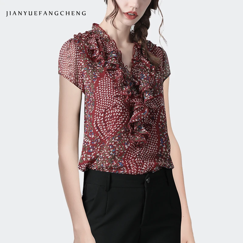 Женская шифоновая блузка с цветочным принтом Свободный Топ коротким рукавом и