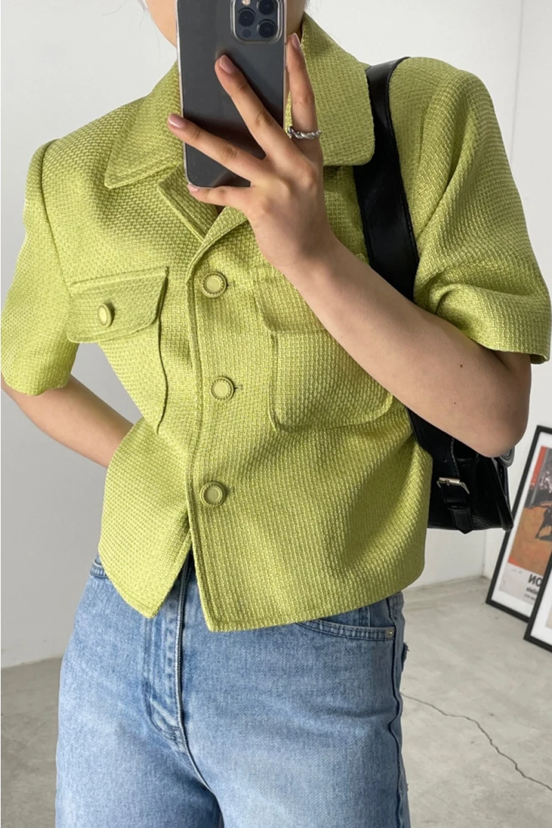 

Korea chic summer retro avocado green suit collar chic buttons loose wild casual cardigan short jacket