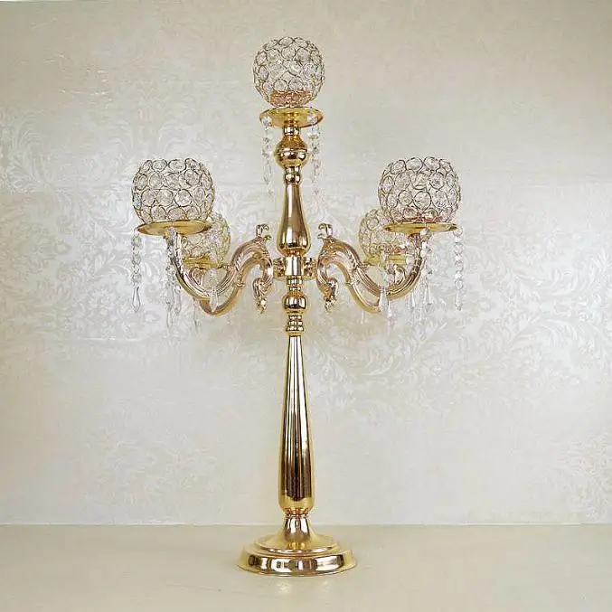 

H75cm Delicate Wedding Gold Candelabra Casamento Centerpiece 5-arms Crystal Candle Holder Party Decoration 10 pcs/lot SN2787