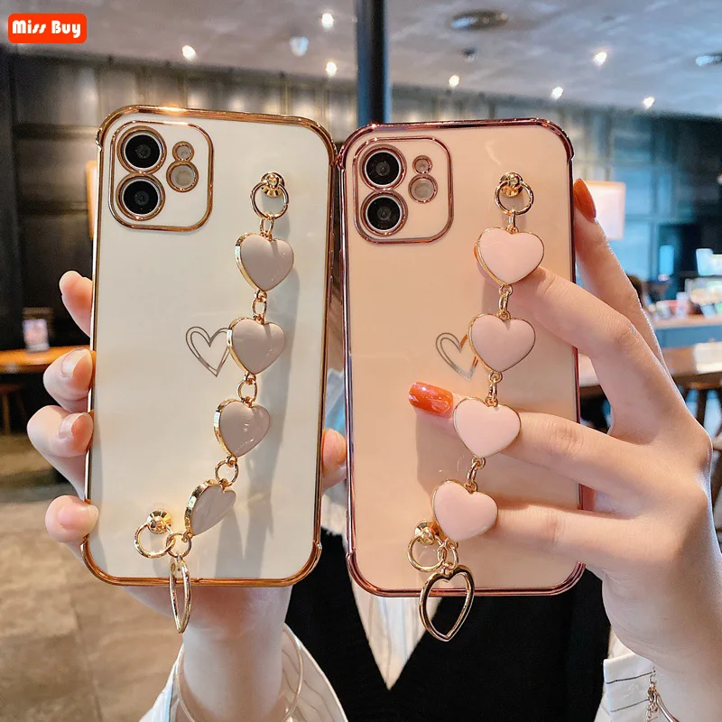

Fashion Electroplating Love Heart Wristband Case for iPhone 11 12 13 Pro Max 13 Mini X XS XR SE2020 7 8 6 6s Plus Bumper Cover