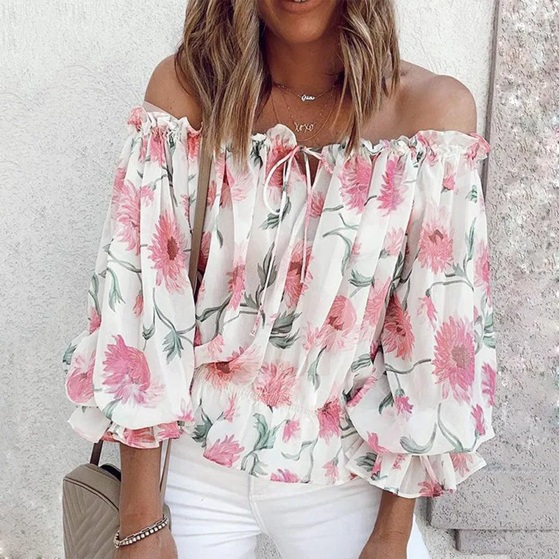 

Summer Chiffon T-shirt Women New Fashion Sexy Shoulder Off Loose Floral Print Tee Shirt Femme Plus Size T-shirts Woman Top