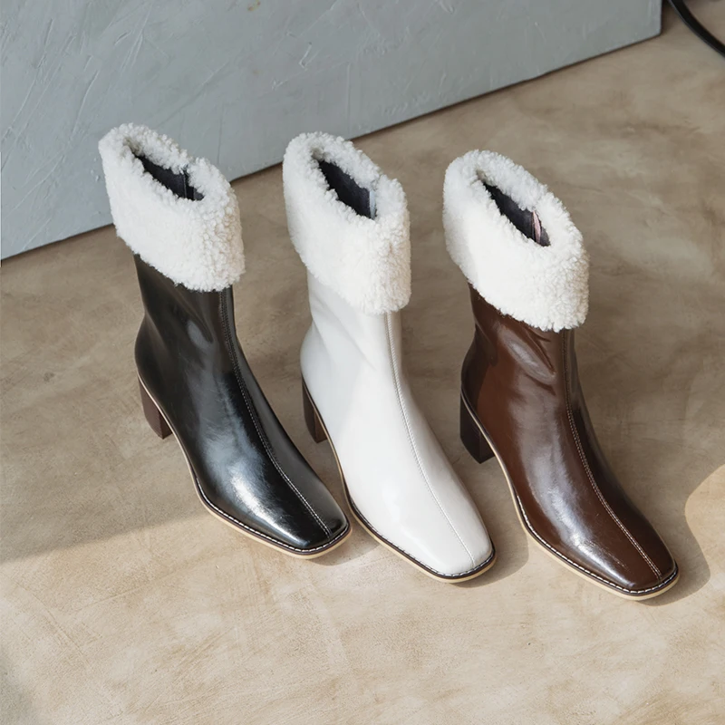 

Hjwsfdcai Women Genuine Leather Knight Boot Retro Style High Heels Woman Shoes Chunky Heel Sheep Wool Ladies Zipper Ankle Boots