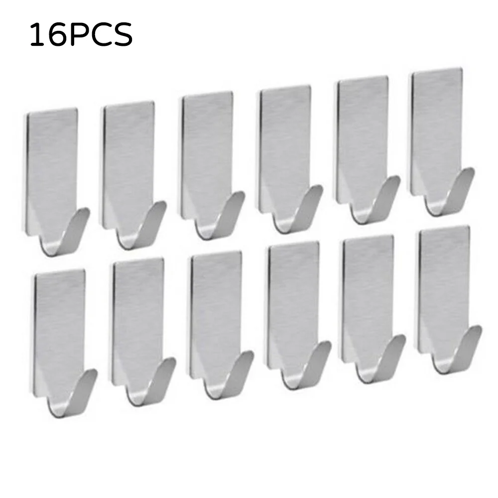 

16pcs Self Adhesive Stainless Steel Bathroom Wall Hooks Bag Clothing Towel Hanger Waterproof Storage Holders Kitchen Rack