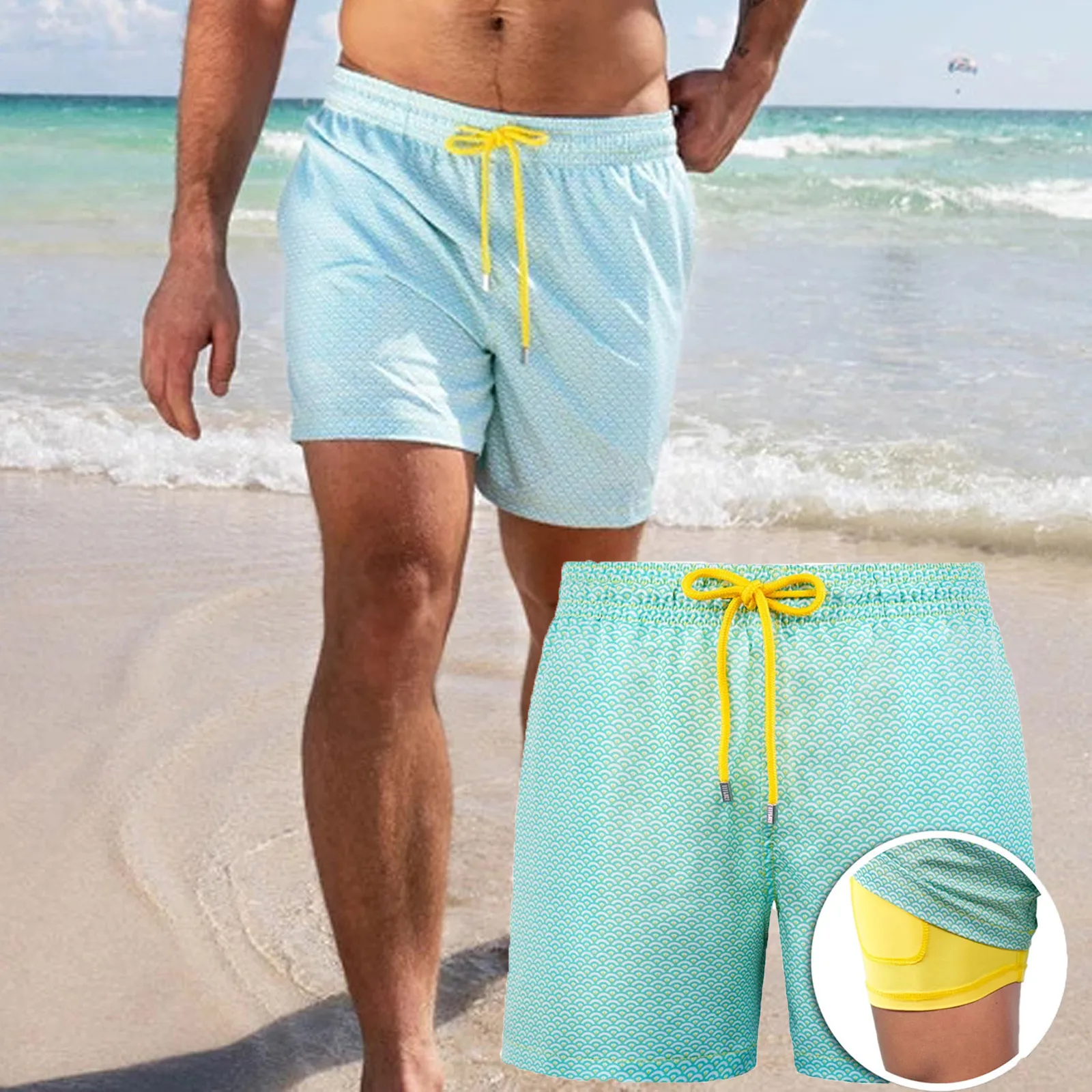 

Men Drawstring Special Beach Casual Built-in Compression Liner Swim Trunks Men Briefs Swimming Quick Dry Shorts Swim Trunks