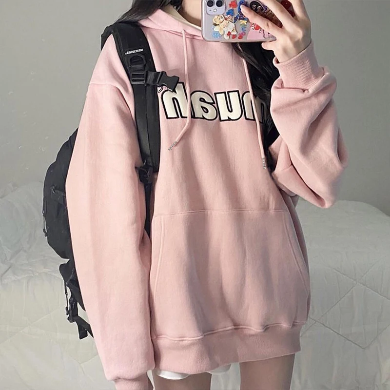 

2021 autumn letter printing casual loose hooded long-sleeved sweater women
