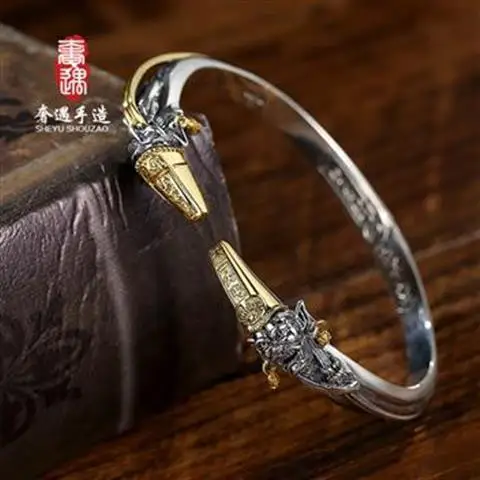 

Luxury Encounter Handmade Retro Personality Men's Bracelet Domineering Niche See Wealth Black and White Fickle S925 Sterling Sil