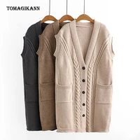 solid twist long sweater vests women v neck single breasted pockets sleeveless knitted cardigan casual female clothing