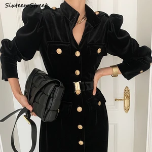autumn winter golden button black dress for women chic vintage vestido maxi dresses ladies office business korean clothing free global shipping