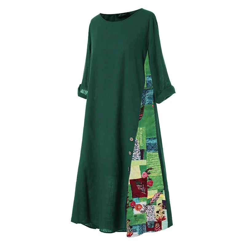 ZANZEA женское платье осень-зима Vestidos длинное платье Винтаж Цветочный принт, из кусков, с пуговицей, на Повседневное размера плюс Открытое платье без рукавов