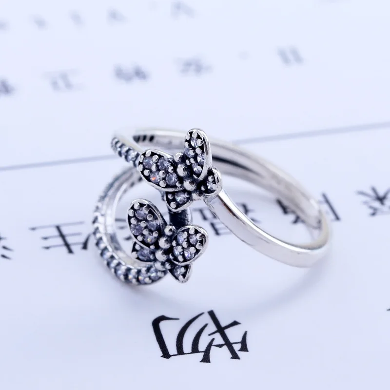 

Original 925 Sterling Silver Lovely Sparkling Butterfly Open Ring For Women Resizable Wedding Engagement Rings