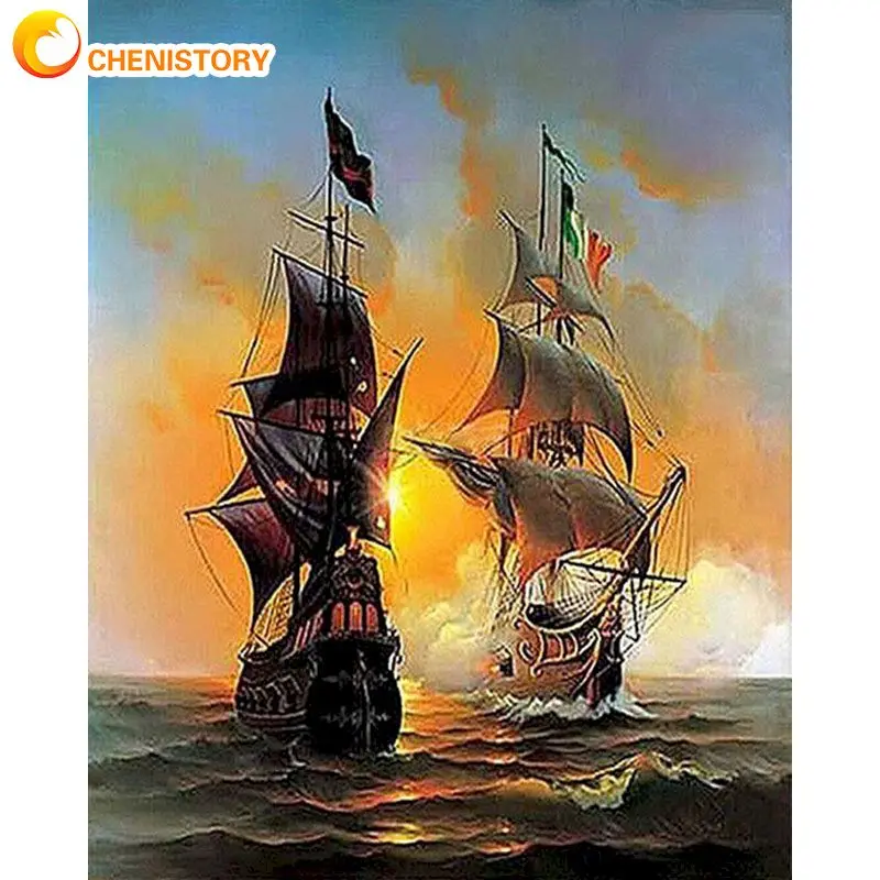 

CHENISTORY 60x75cm DIY Frame Painting By Number Kits War Boat Landscape Drawing Coloring By Numbers Acrylic Paint For Home Arts