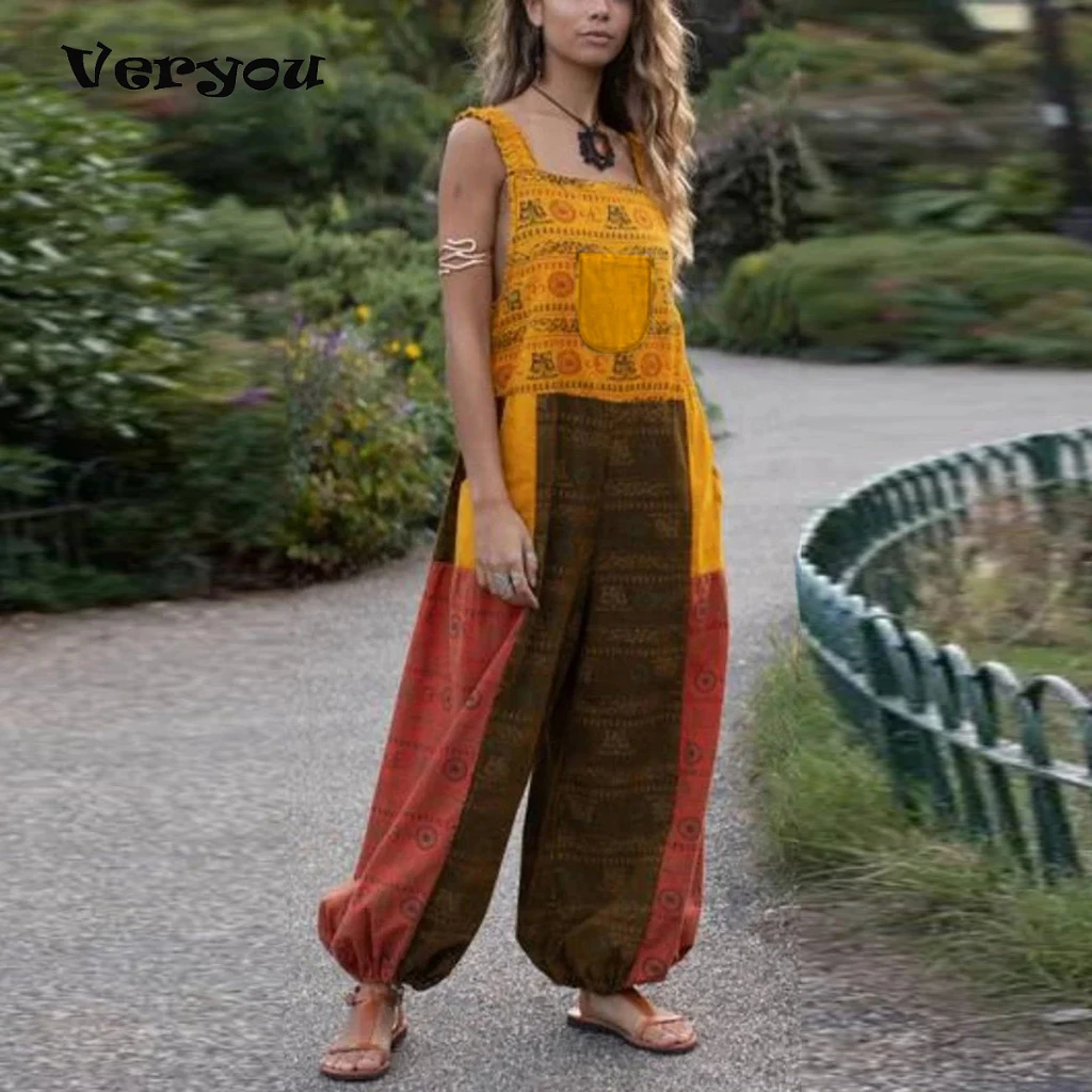 

Женский винтажный комбинезон без рукавов, повседневный офисный комбинезон с карманами, Свободный комбинезон с принтом, лето 2021