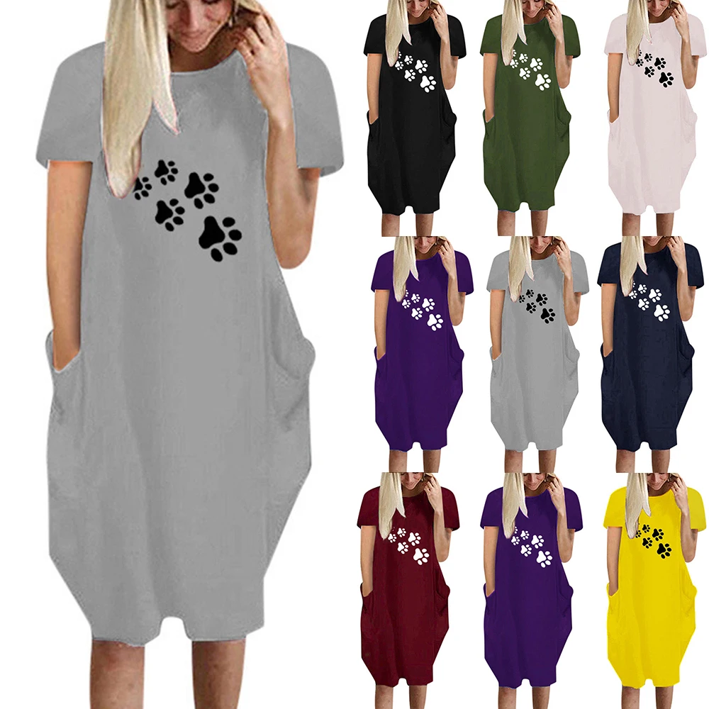 

VICABO Womens Short Sleeve Round Neck Footprint Printed Loose Dress Beach Summer Sundress Casual Female Tees Plus Size
