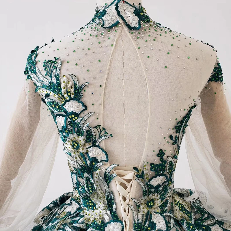HTL1129 green flowers evening dress long sleeve high neck ball gown elegant formal dress evening gown luxury sukienki wieczorowe