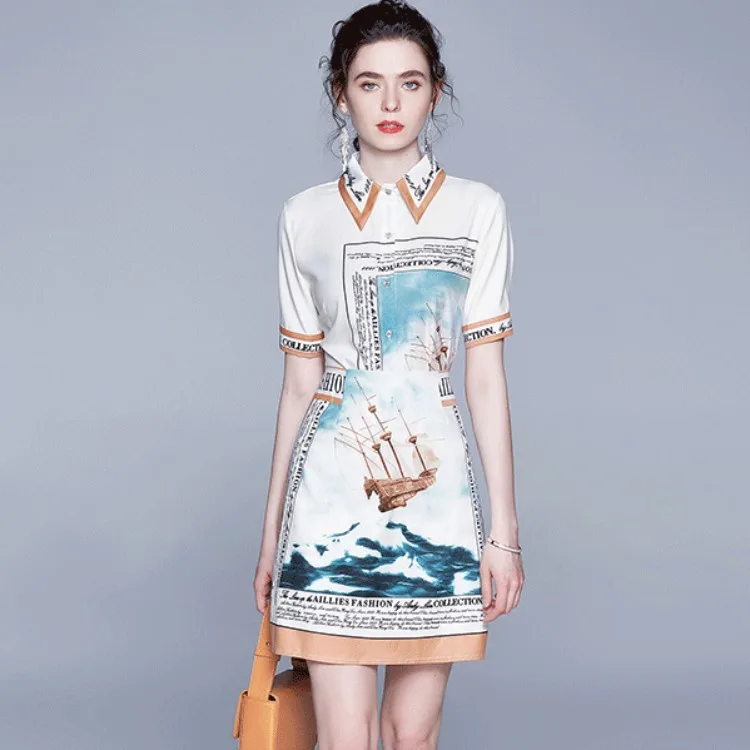 Verano fresco traje impreso faldas mujeres 2 piezas de alta cintura de dos piezas Streetwear Bodycon Oficina negocio vaina Vestido