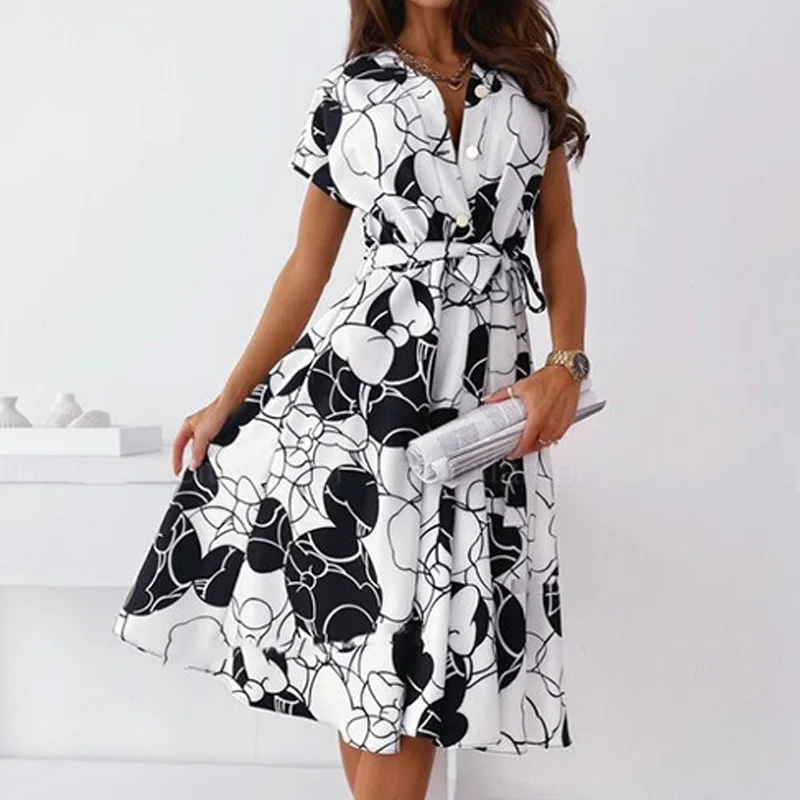 

2021 Summer Elegant Lace-Up Belt A-Line Dress Fashion Vintage Pattern Print A-Line Midi Dresses Women Sexy V-Neck Party Dresses