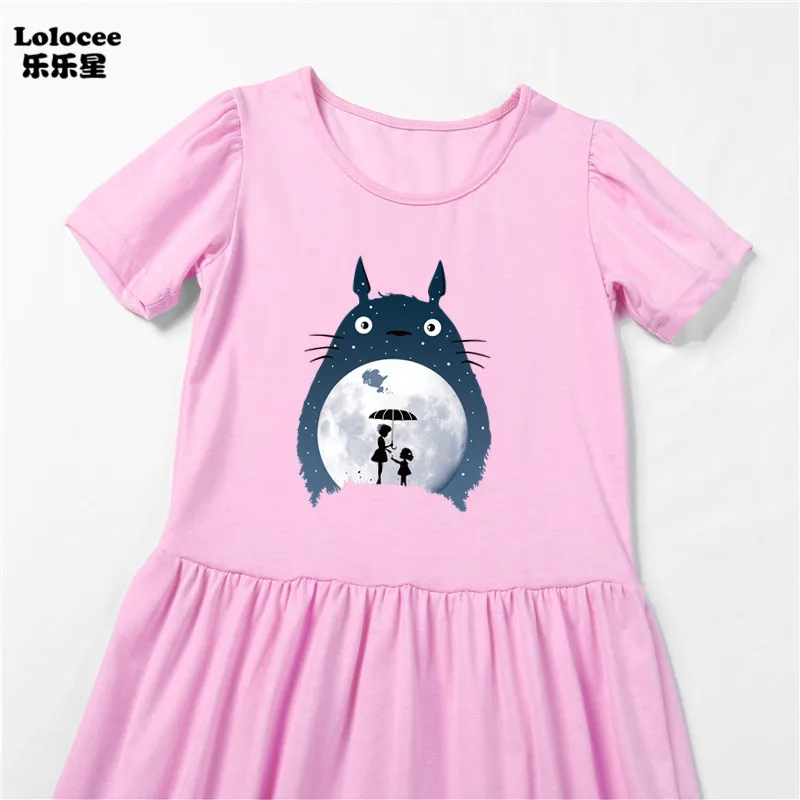 New Kawaii Cartoon Totoro Kids 3D Print Dress Girls Cotton O Neck Short Sleeve Funny Brand Anime T-Shirt with Pocket | Детская одежда и