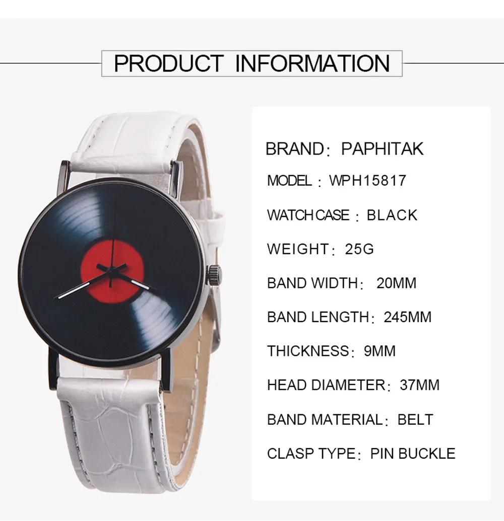 

FashionCasualMen Watch Unisex Retro Design Analog phonograph Dial Leather Band Analog Alloy Quartz Watch Reloj Hombre homme