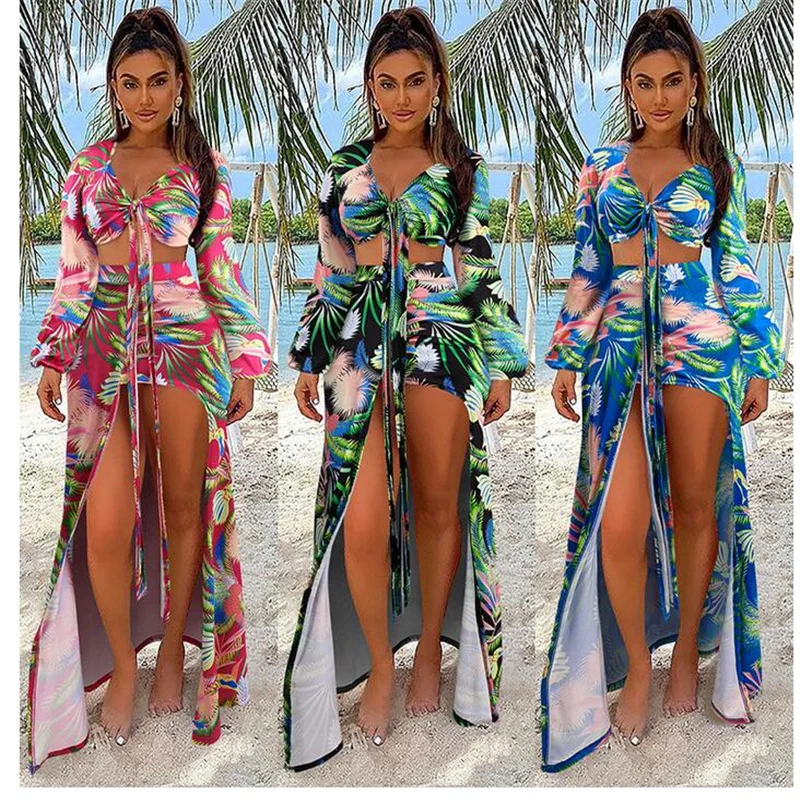 

Summer Sexy Women's Leaves Printing Swimsuit Classic Long Sleeve Tops High Waist Skirt Set Deep V-neck Lace-up Swimming Suits