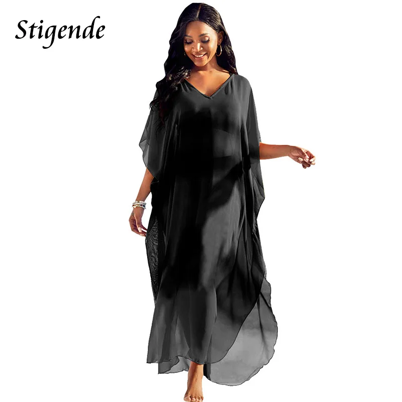 

Stigende Transparent Chiffon Cover Up for Dress Women V Neck See Through Mesh Long Dress Beach Swimwear Summer Loose Maxi Dress