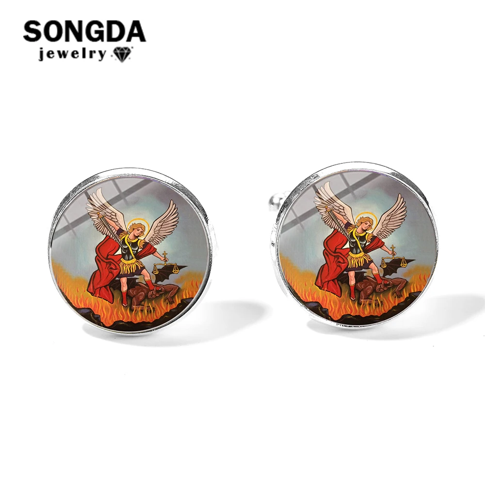 SONGDA Archangel St.Michael Protect Me Saint Shield защитные запонки стекла ручной работы кабошон с фото