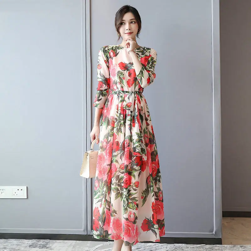 Женское шифоновое платье средней длины с цветочным принтом | Женская одежда