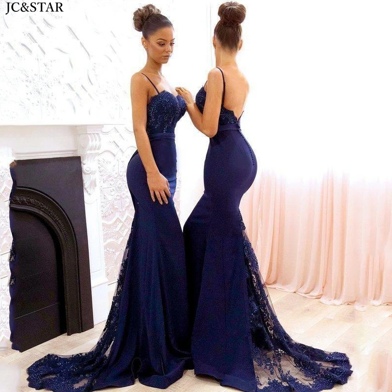 

robe mariage femme new lace satin thin straps navy blue mermaid bridesmaid dress tail wedding party gown dvestido madrinha