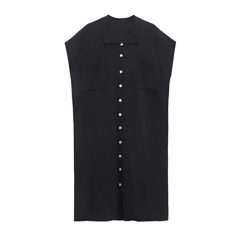 

CHICEVER Straight Knitting Dress For Women Lapel Short Sleeve Loose Oversized Black Solid Mid Dresses Female 2021 Spring Clothes