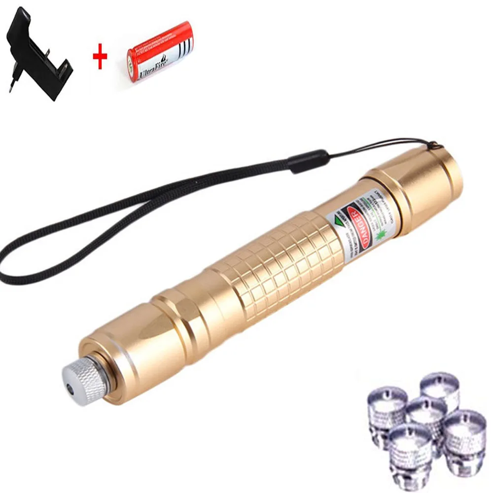 Golden laser 4 cap Зеленая лазерная указка, высокая мощность, 10000 м, 5 мВт, лазерная ручка, 5 шт., крышка, горящая спичка с лазером, прицел+ зарядное устройство+ аккумулятор 18650 - Цвет: Golden laser 4 cap