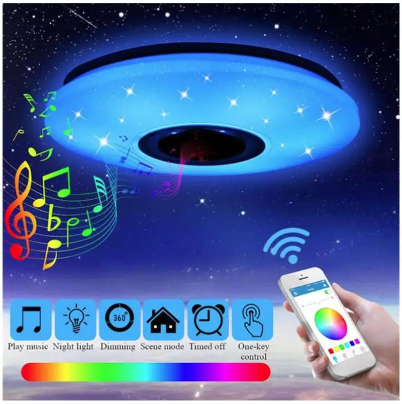 

Светодиодный Bluetooth музыкальный потолочный светильник с пультом дистанционного управления, RGB затемняющий bluetooth-динамик, домашнее освещение...