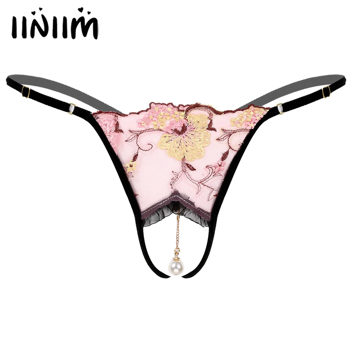 

Men's Panties Pearl Crotchless Thongs Flower Embroidery Low Rise Adjustable Waistband Sissy Male Gay Underwear Sexy Lingerie