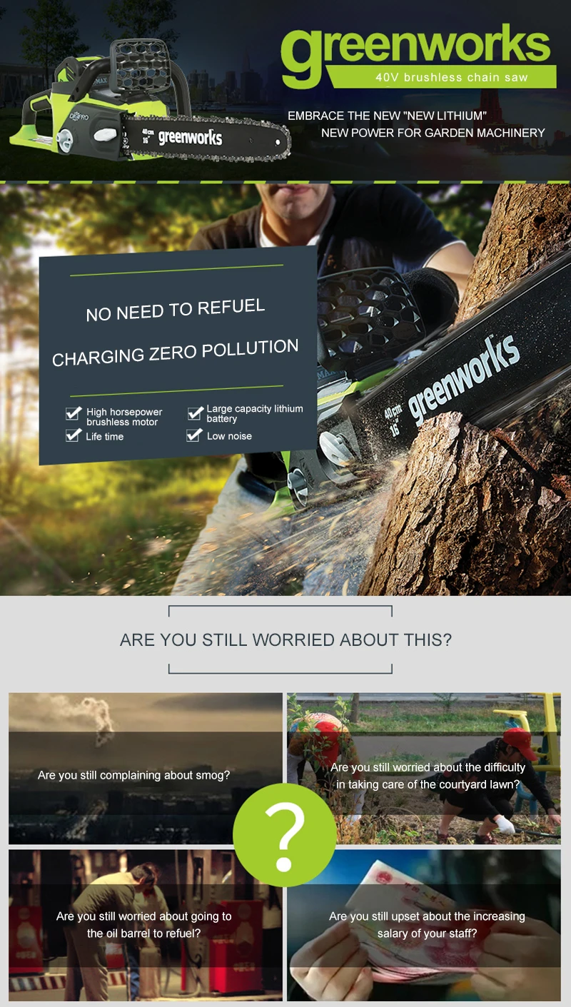 Greenworks 40v Беспроводная цепная пила бесщеточный мотор 20312 бензопила, не включая аккумулятор и зарядное устройство