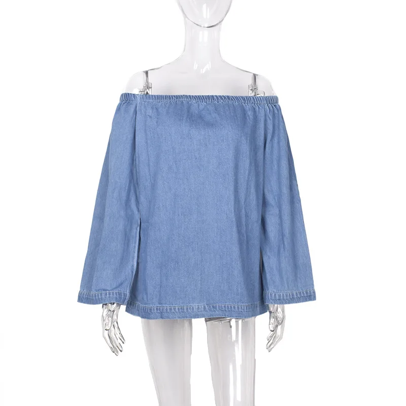 

Off Shoulder Long Sleeve Denim Shirt Women Cowboy Tops Loose Elastic Tees Vintage Fashion High Quality Office Ladies T-Shirts