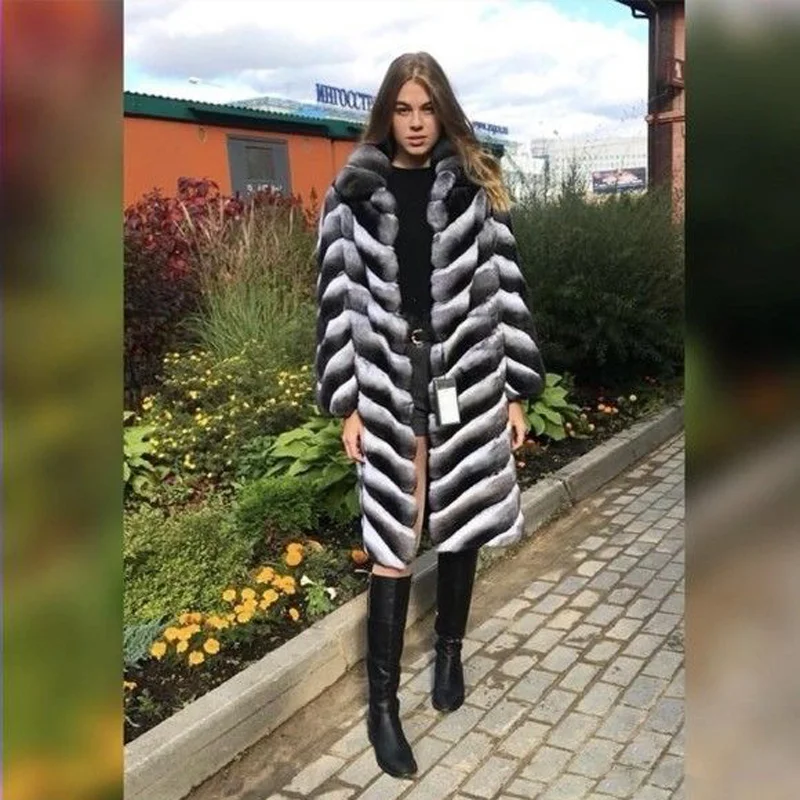 110cm Long Real Chinchilla Color Rex Rabbit Fur Coats Stand Collar Thick Warm Women Natural Whole Skin Genuine Rabbit Fur Coat enlarge