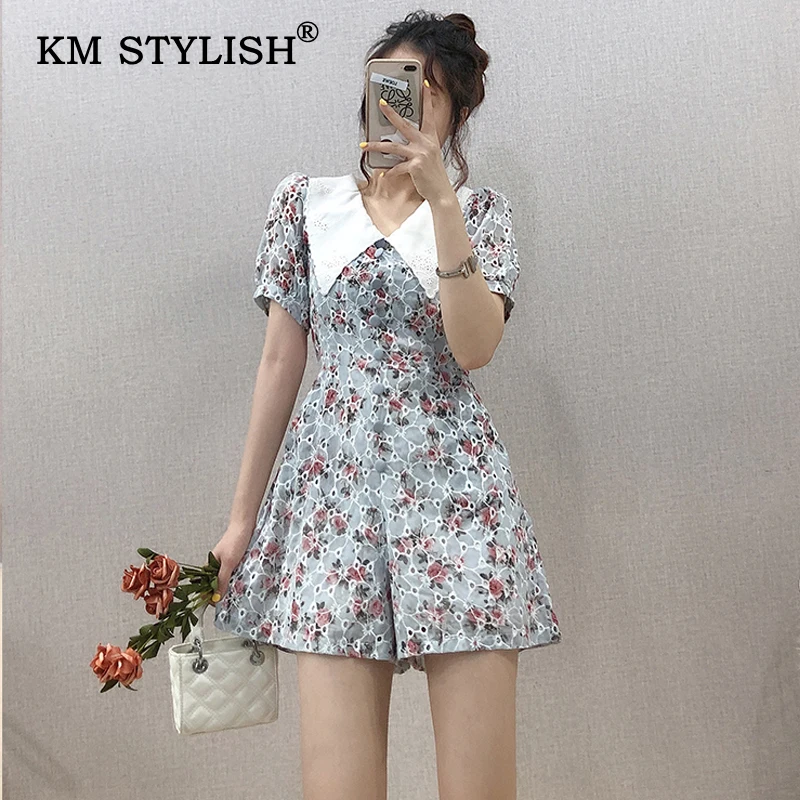 Летний женский цветочный принт с отложным воротником коротким рукавом