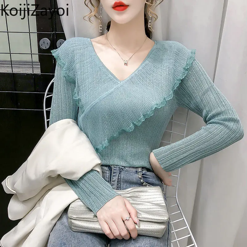 

Koijizayoi Ruffles Women V Neck Pullovers Fashion Office Lady Chic Korean Jumpers Long Sleeve Solid Outwear Spring Autumn Tops