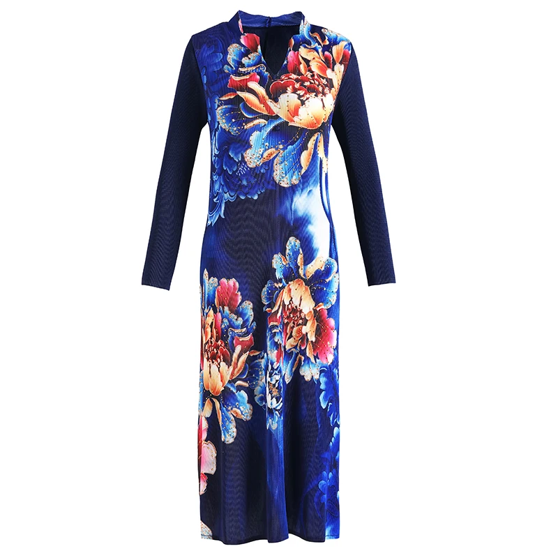 

Plus Size Dress For Women 45-75kg 2021 Spring Fashion Printed Stretch Loose Miyake Pleated V Neck Mid-Calf Length Clothes