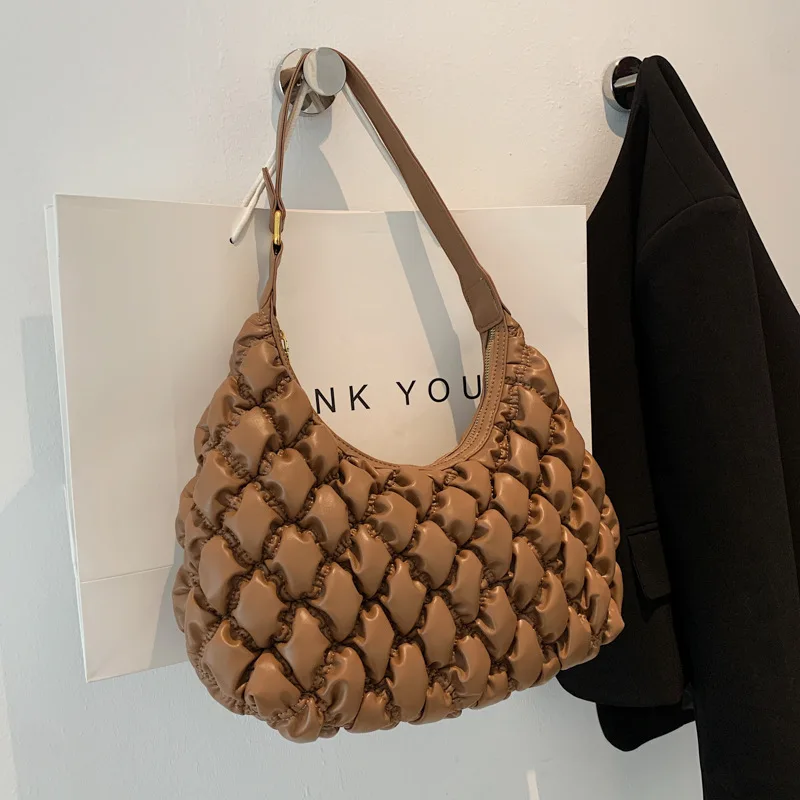 

Winter Feather Fold Down Padded Crossbody Bag for Women Quilted Design Luxury Female Rhomboid Embroidery Thread Shoulder Bag