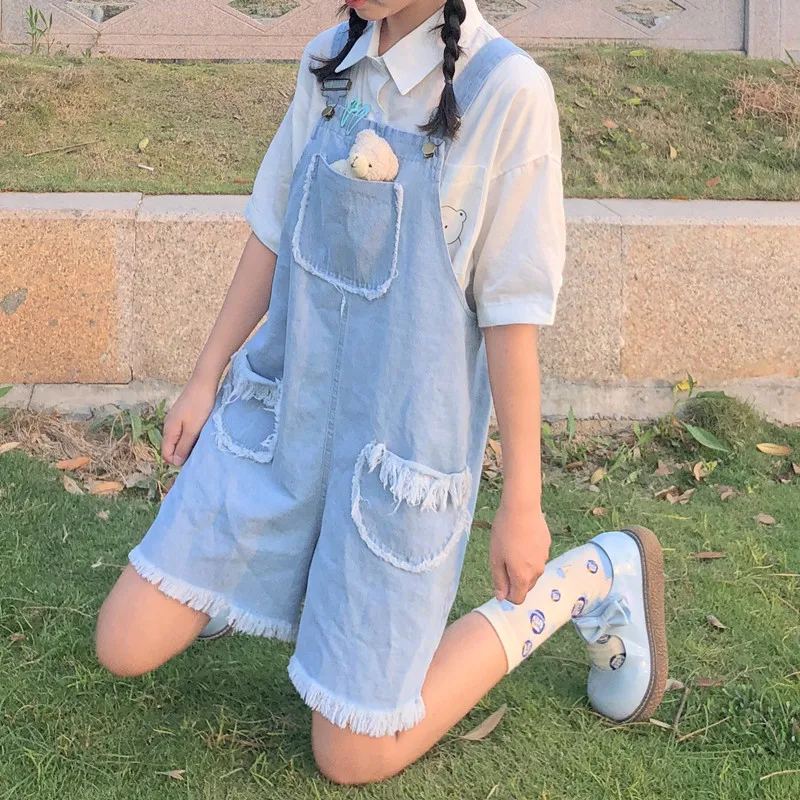 

New Harajuku Kawaii Denim Overalls Female Summer Women Regular Loose Korean Tassel Jumpsuit Cute Playsuits